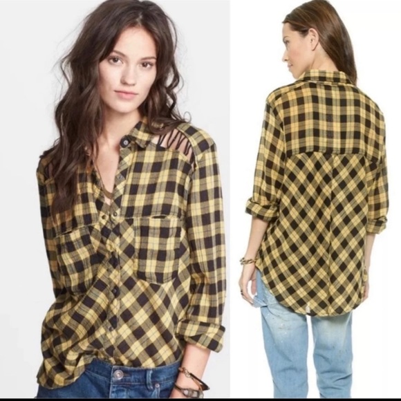 Free People Black & Yellow Plaid Button-Up Medium - Picture 1 of 6